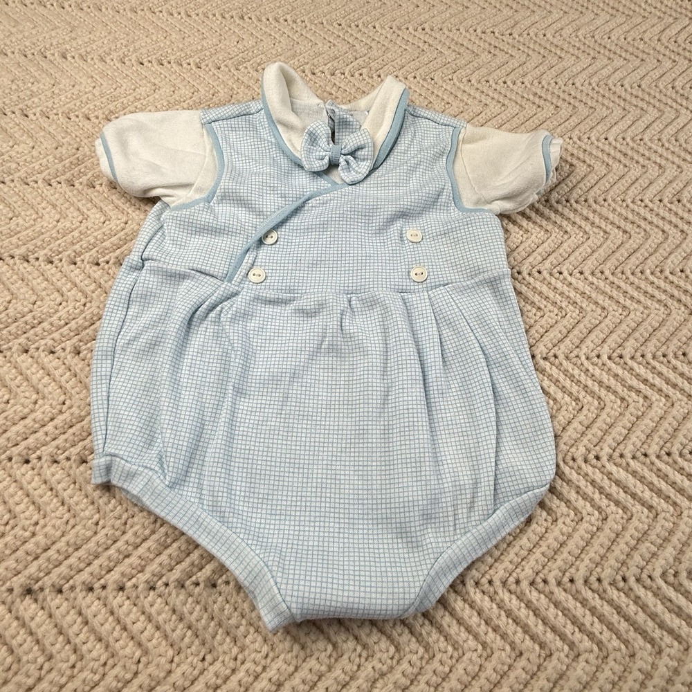 Little Me Romper Size 9 Mos Light Blue Cotton Gingham USA Made Preppy Vintage
